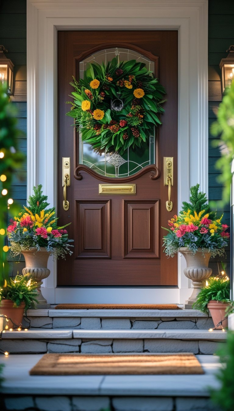 Front door of a home decorated with flowers and greenery, with stone steps and a doormat at the entrance.