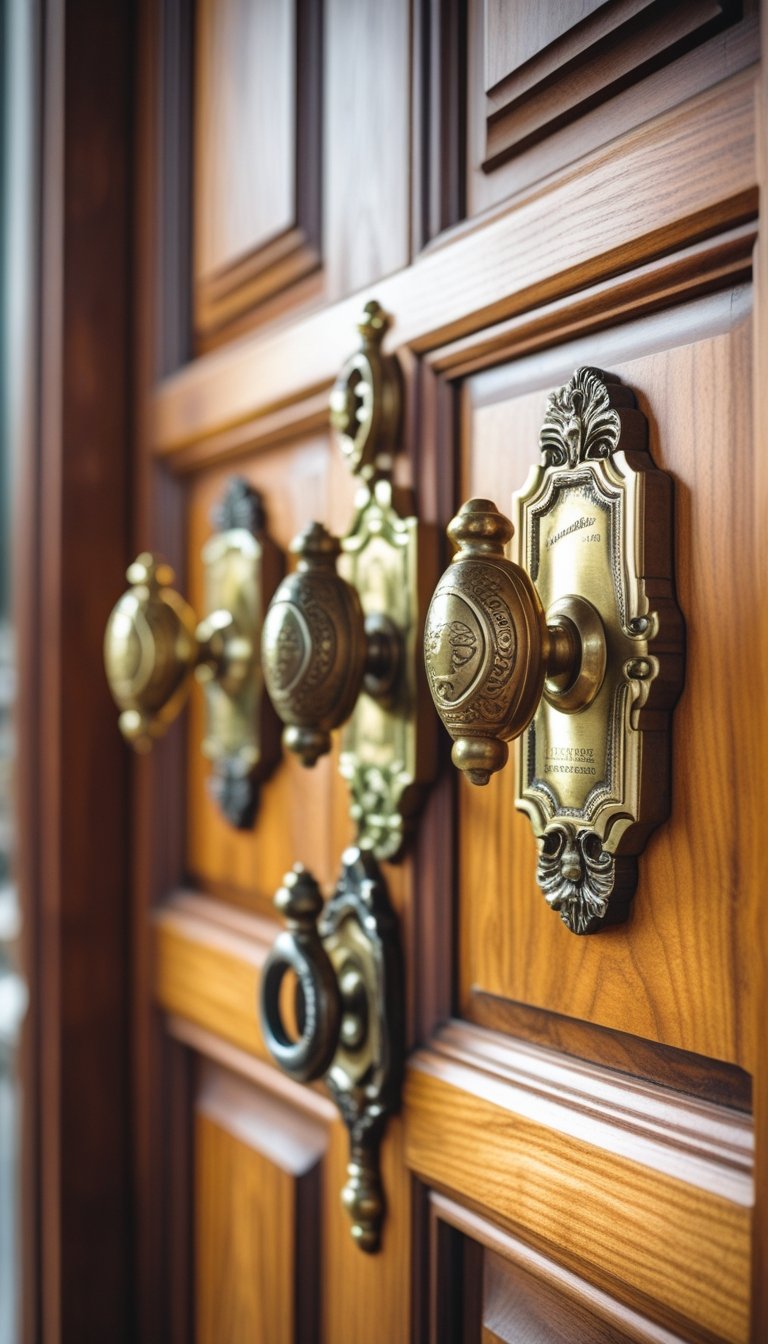 A wooden main door with several vintage brass door knockers attached, showing detailed designs and craftsmanship.