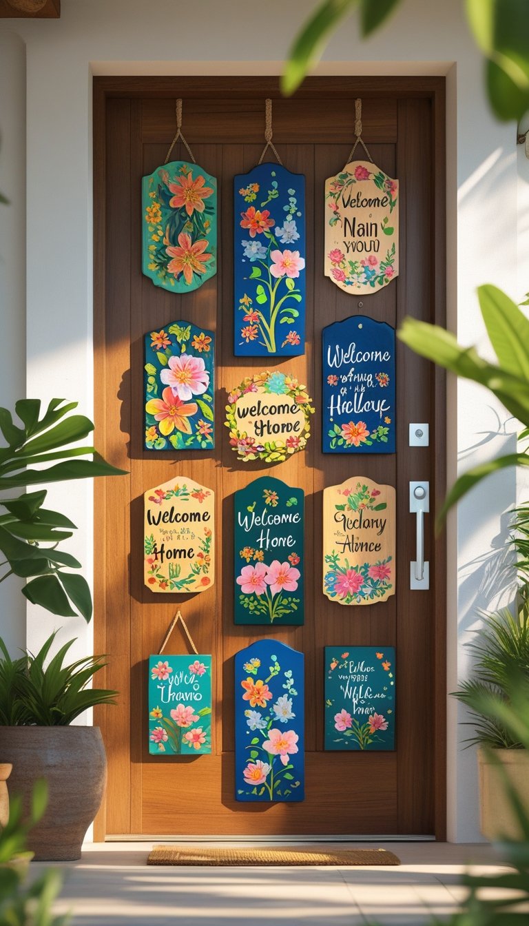 A collection of hand-painted wooden plaques displayed on a wooden door surrounded by potted plants at a home entrance.