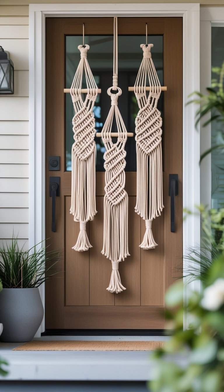 Front door of a home decorated with macrame door hangers and surrounded by potted plants.