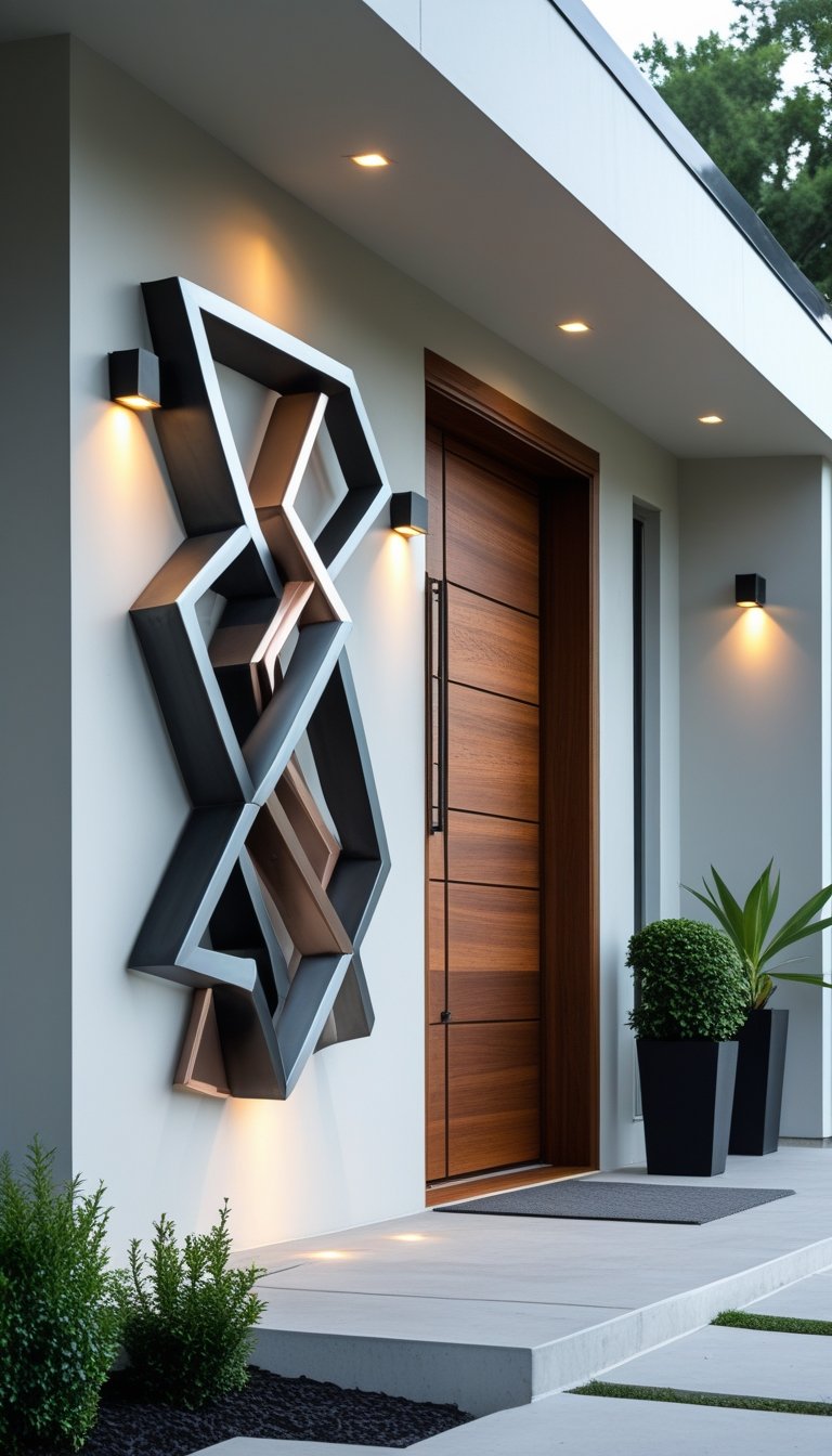 Front entrance of a home with a wooden door and a geometric metal wall sculpture beside it, surrounded by plants.