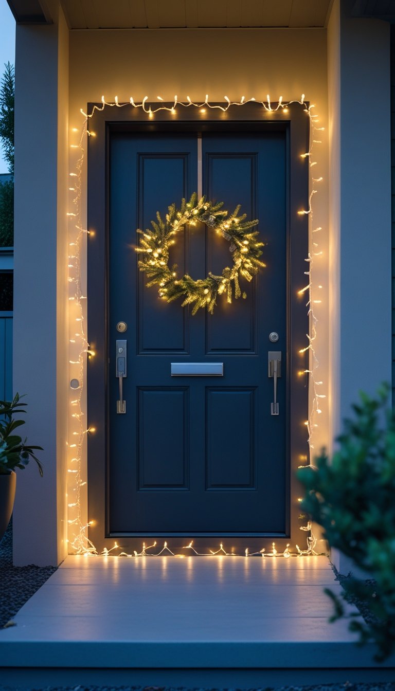 A main door of a home decorated with warm glowing LED fairy lights framing the entrance, with plants nearby.