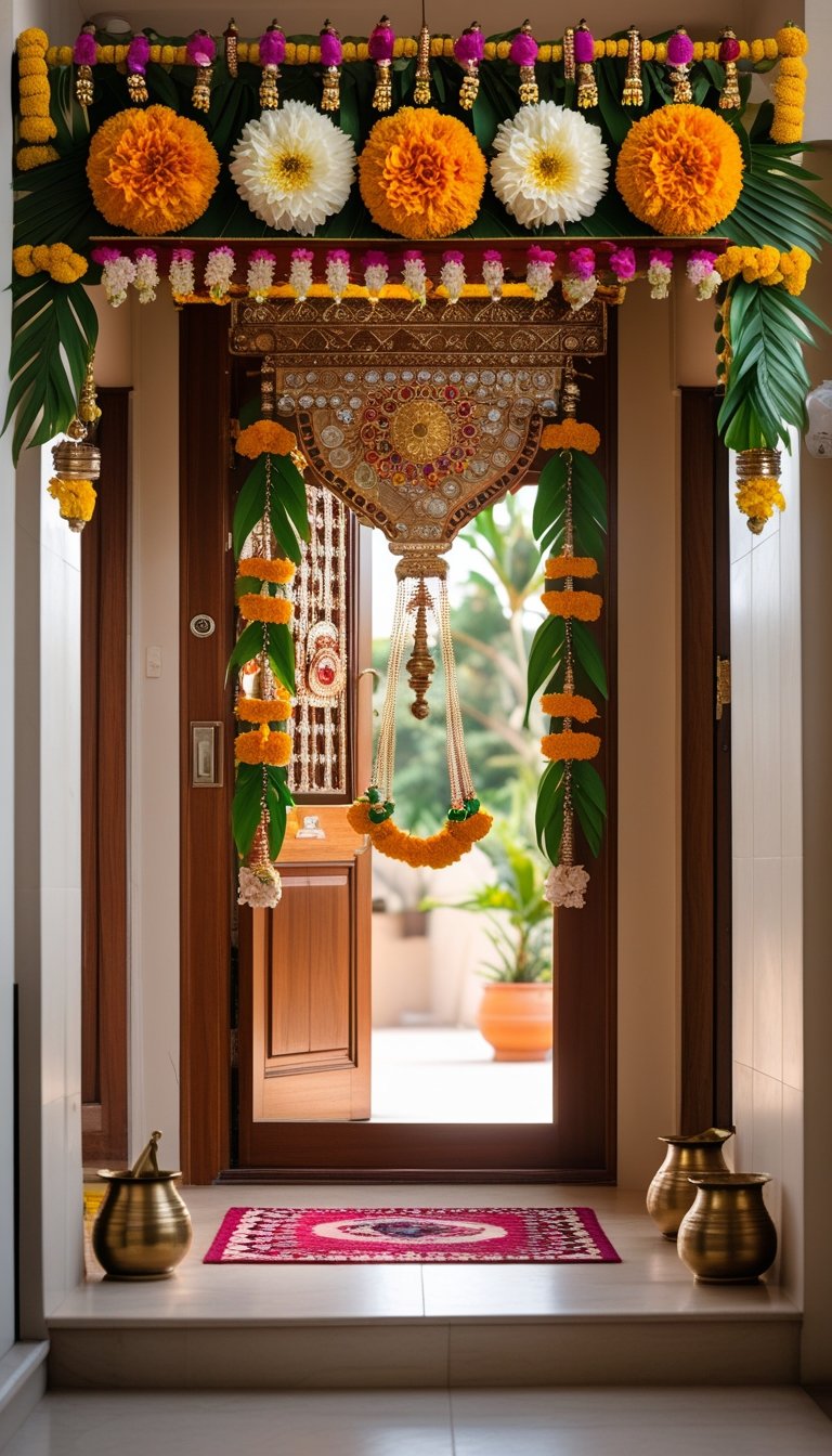 Main entrance door of a home decorated with a traditional toran made of marigold flowers and mango leaves.