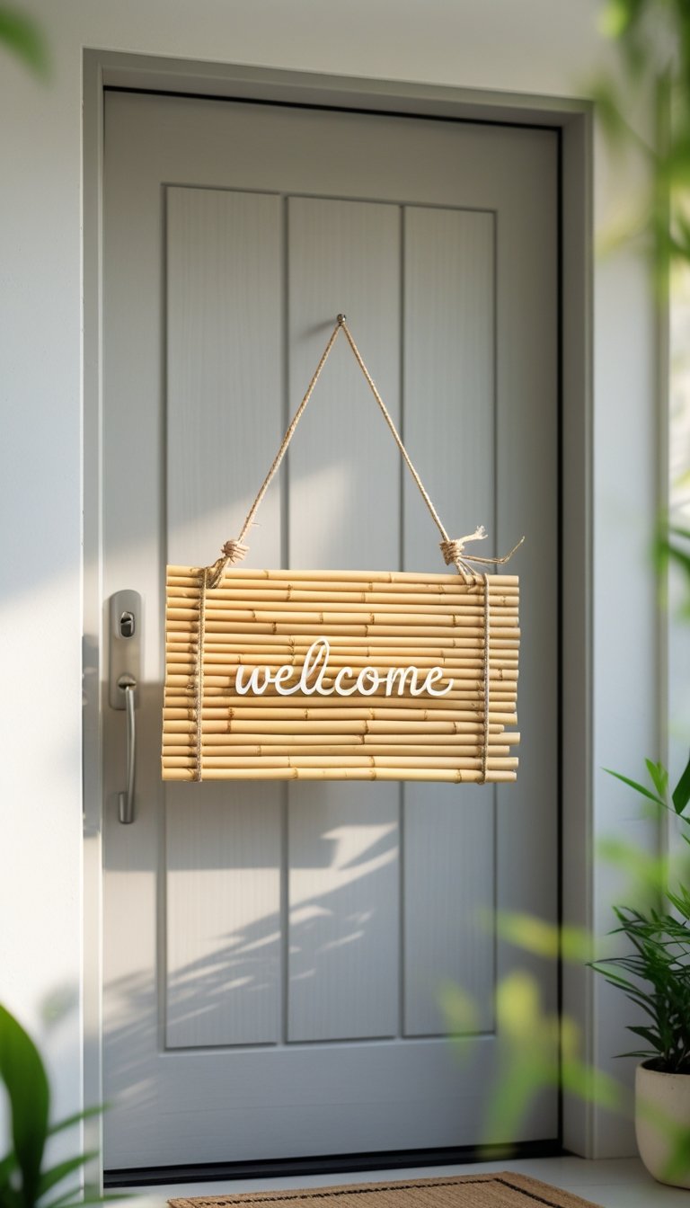 A bamboo welcome sign hanging on a front door with a small plant nearby.